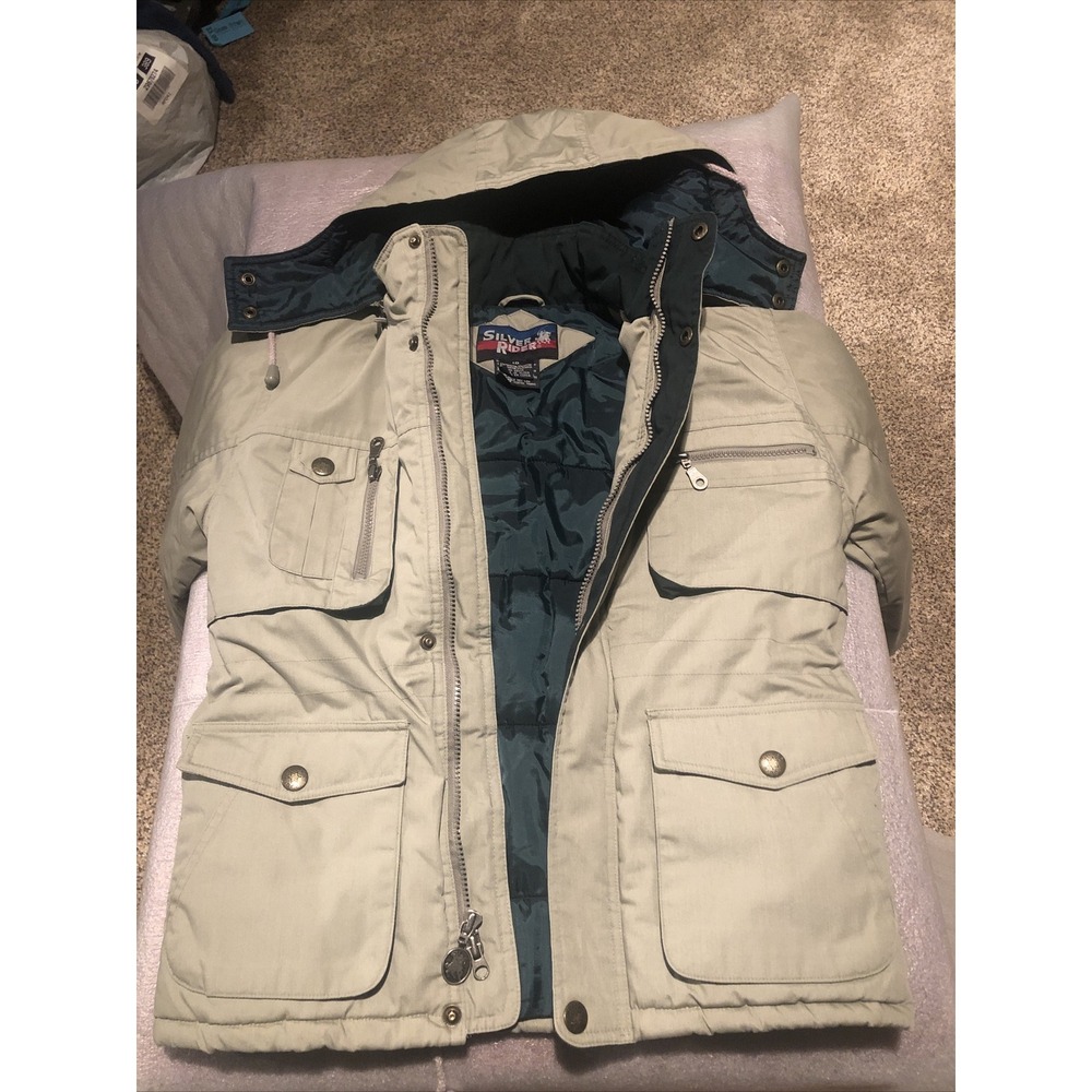 Kids Coat Silver Rider‎ Youth Size 10 Removeable Hoodie Tan Green Great Shape